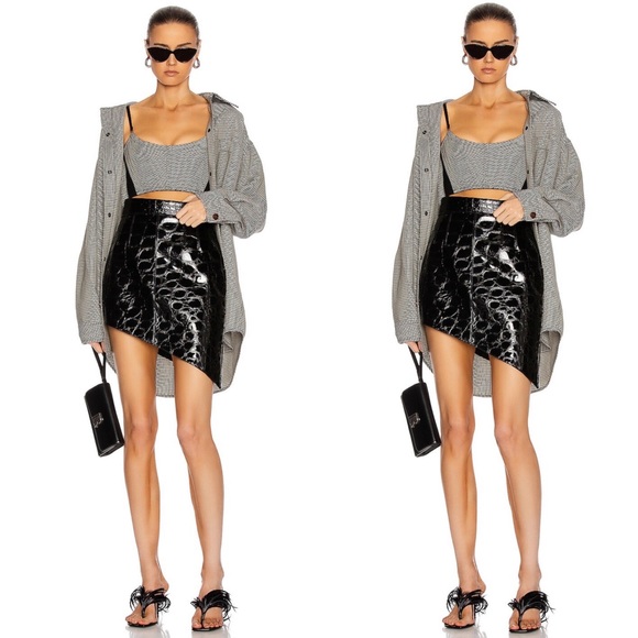 Alexander Wang Asymmetric Croc-Effect Patent-Leather Mini Skirt In Black - Picture 1 of 12